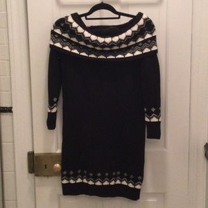 Off the shoulder loft sweater fair isle dress. Black white grey and metallic
